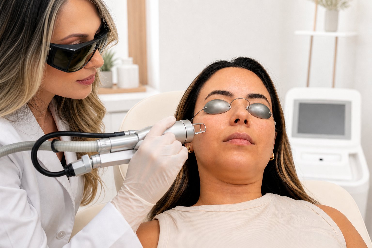 Dra. Caroline Minchio em cena ilustrativa de laser CO2 com proteção ocular