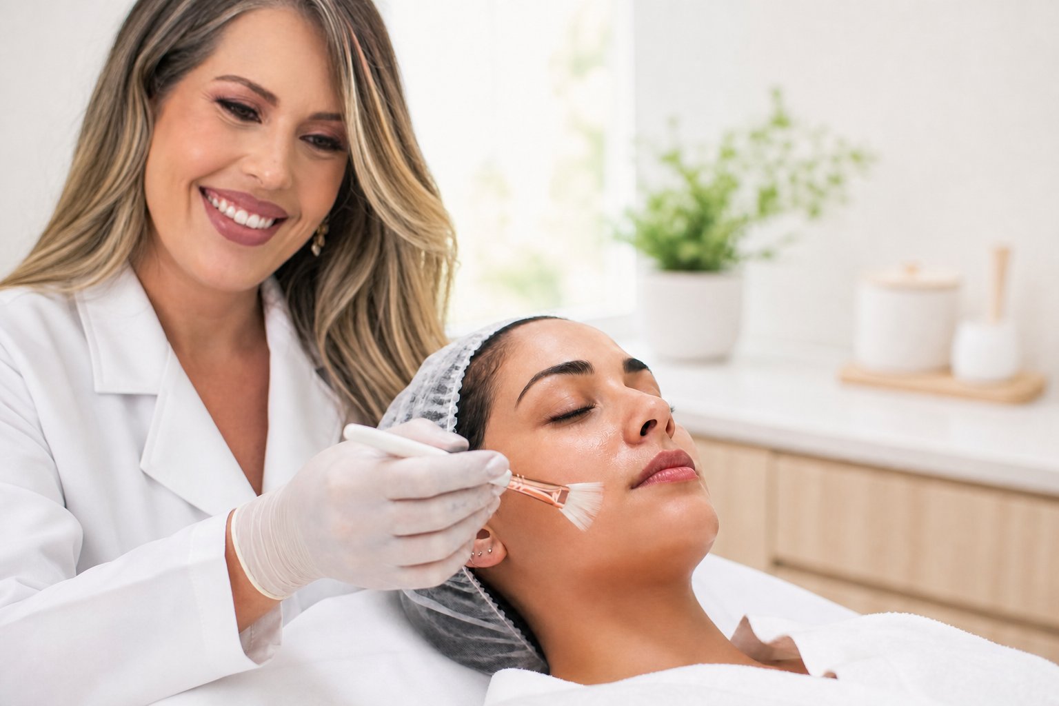 Dra. Caroline Minchio em aplicação ilustrativa e controlada de peeling químico