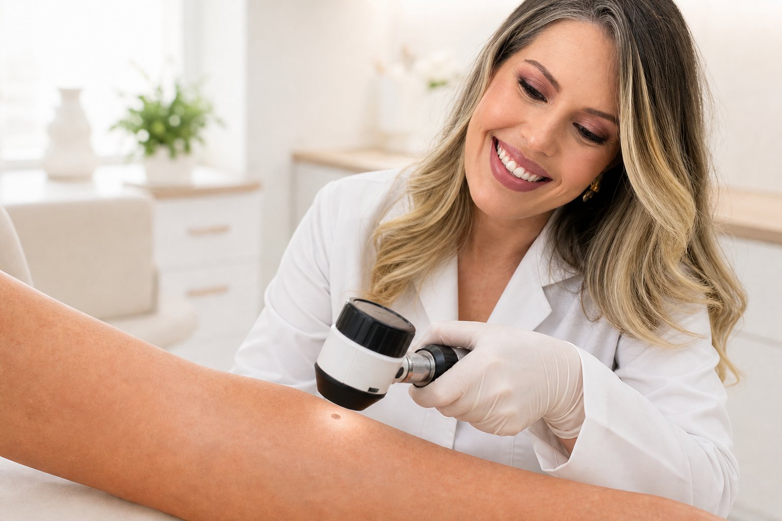 Dra. Caroline Minchio examinando pequena pinta no antebraço com dermatoscópio