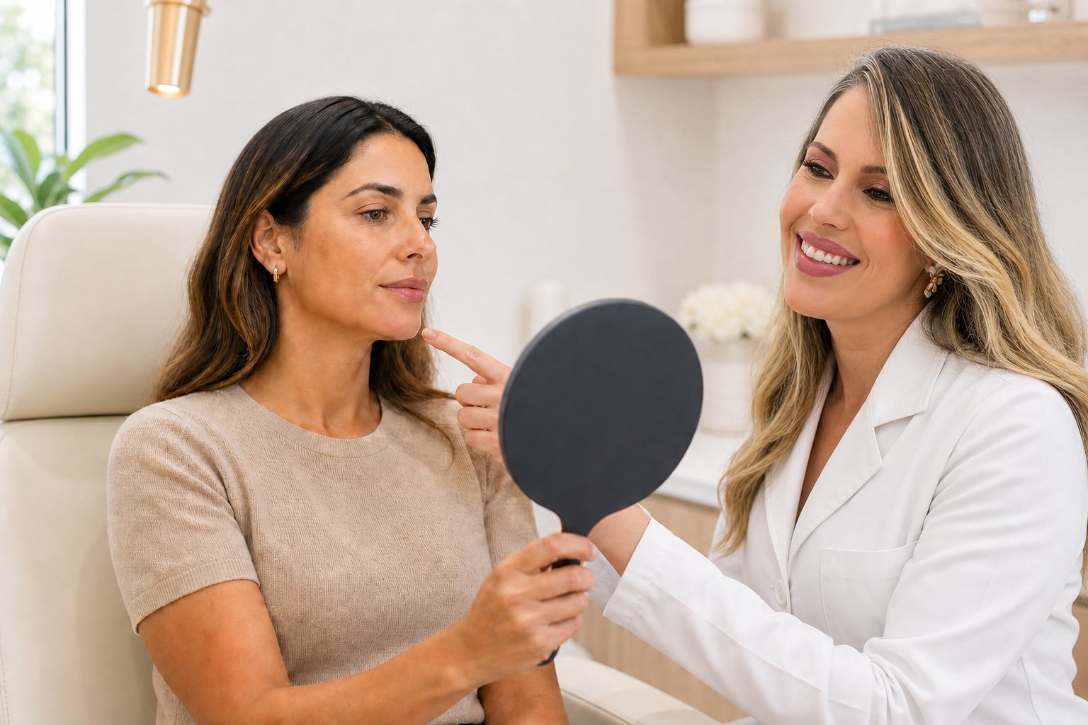 Dra. Caroline Minchio realizando planejamento facial com espelho antes de discutir preenchimento